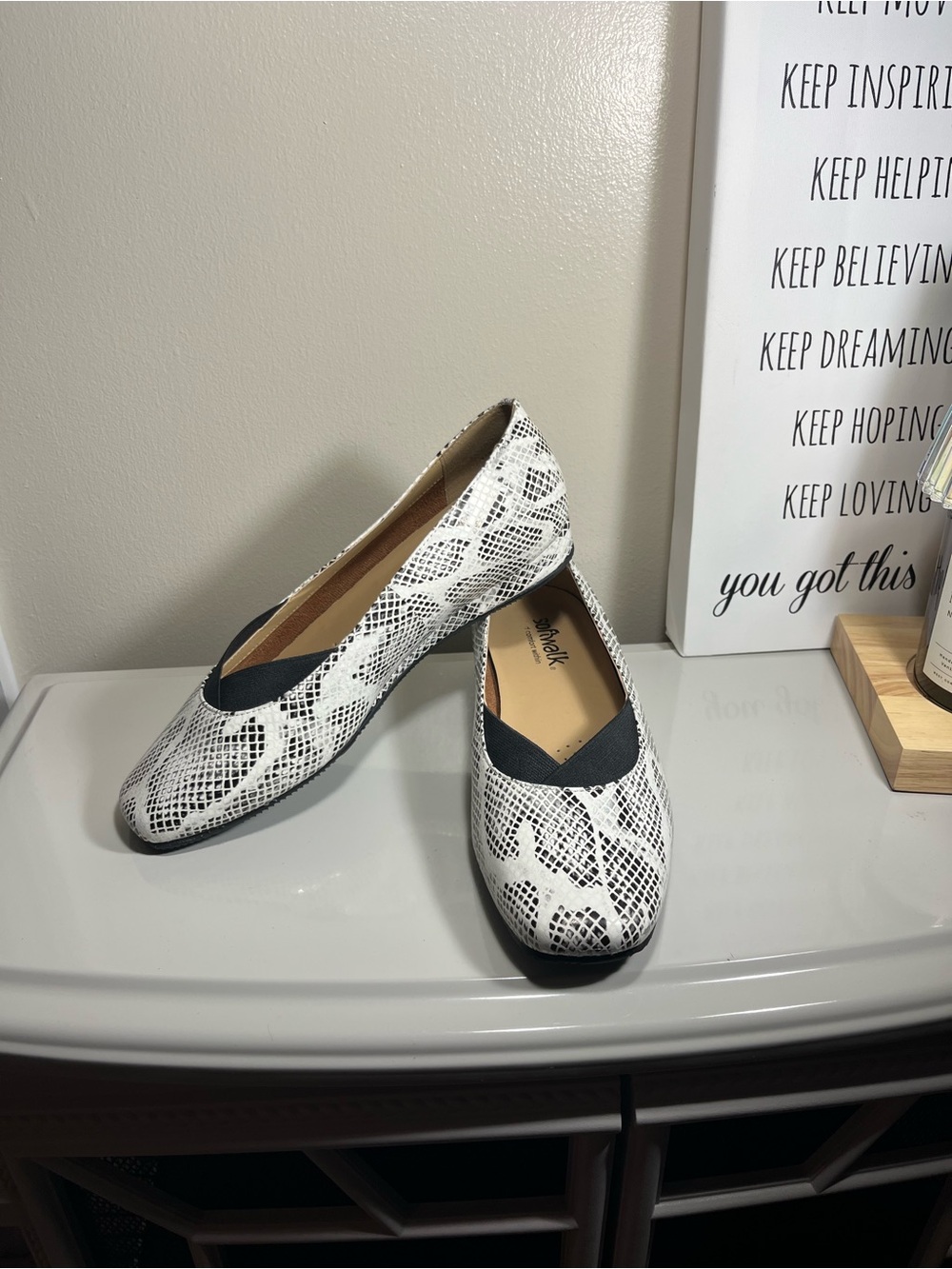 SoftWalk White Snake-Print Slip-On Flats - 8.5W